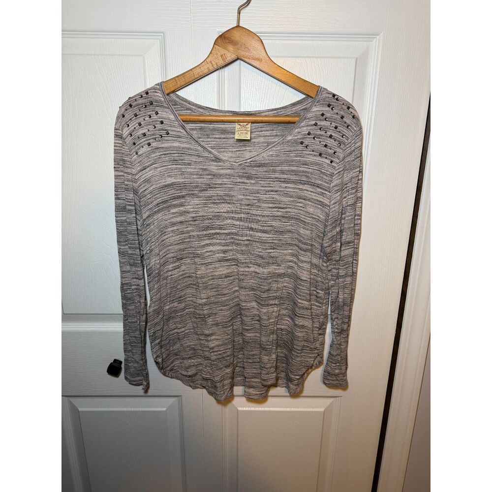Faded Glory Gray Marled Studded Shoulder Long Sleeve Top Women's Large